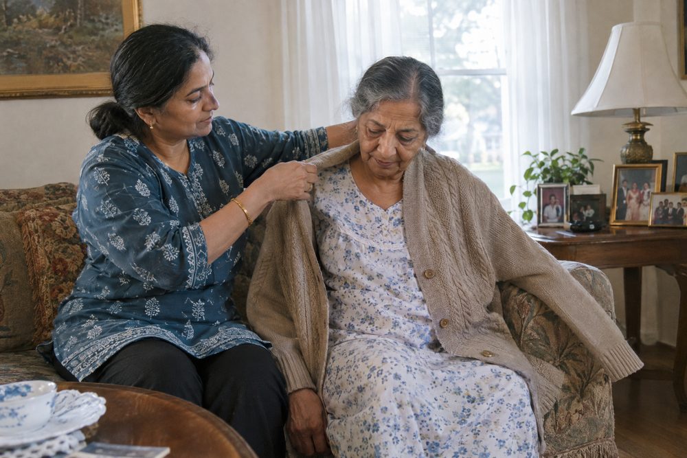 A woman helping an older woman into a cardigan on a sofa in a sunlit living room.