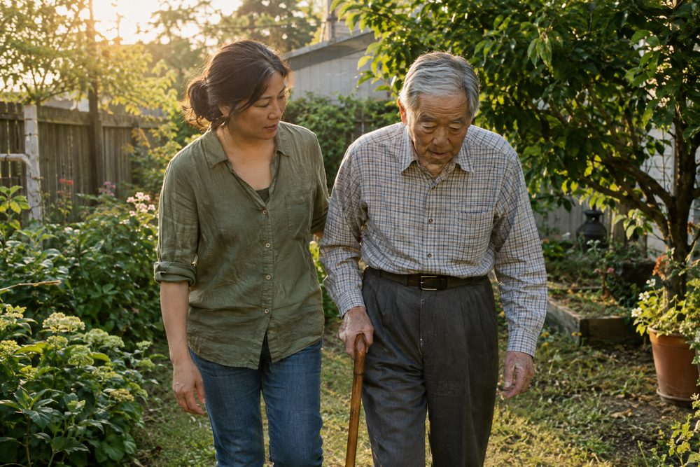 A woman walking slowly beside an older man using a cane in a backyard garden.
