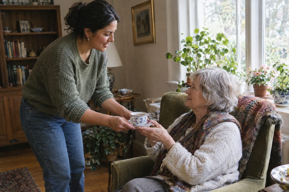 A woman handing a cup of tea to an older woman seated by a bright window.